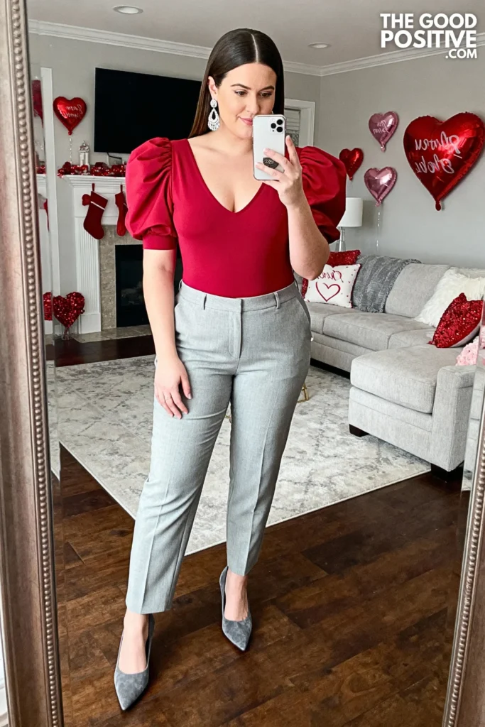 Cherry Red Puff Sleeve Bodysuit With Gray Trousers