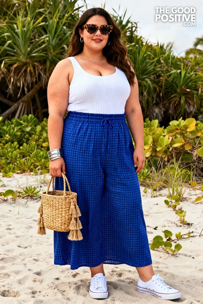 Cobalt Gingham Maxi Skirt With White Knit Tank