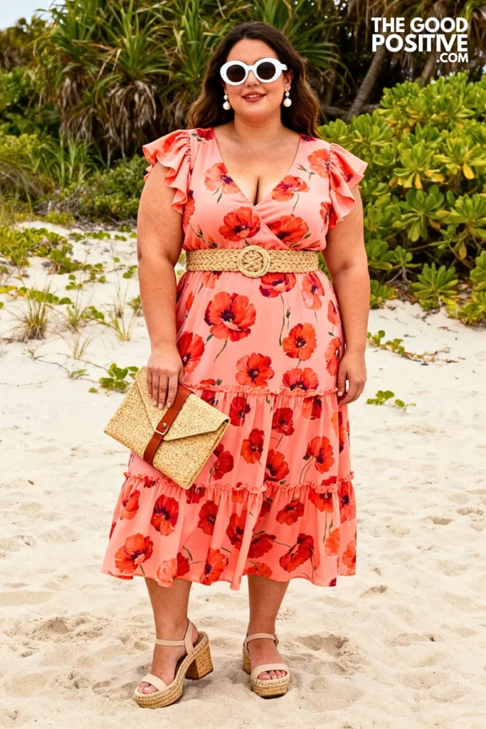 Coral Poppy Print Tiered Midi Dress With Raffia Belt