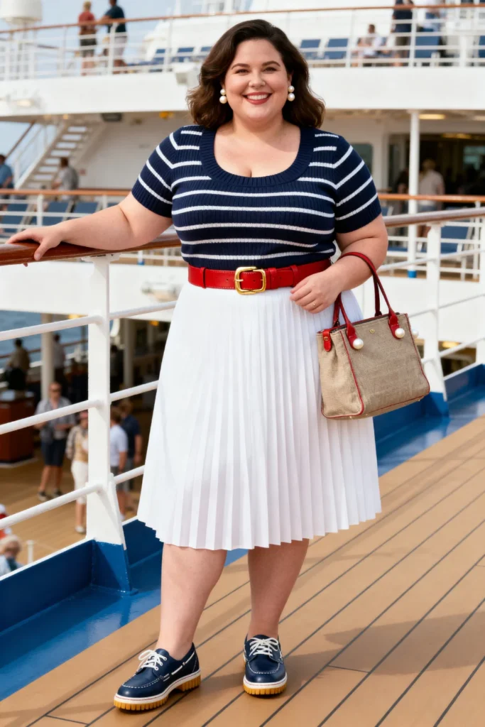 Cruise Deck Navy Striped Top And White Pleated Midi Skirt