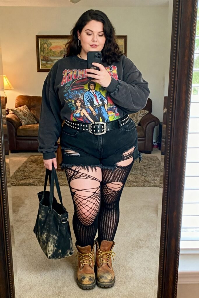 Cutoff Denim Shorts With Ripped Tights And Graphic Sweatshirt