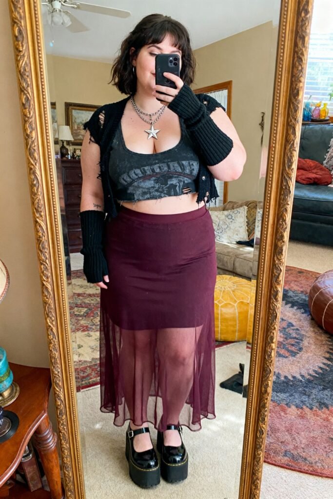 Dark Plum Mesh Maxi Skirt With Graphic Tank