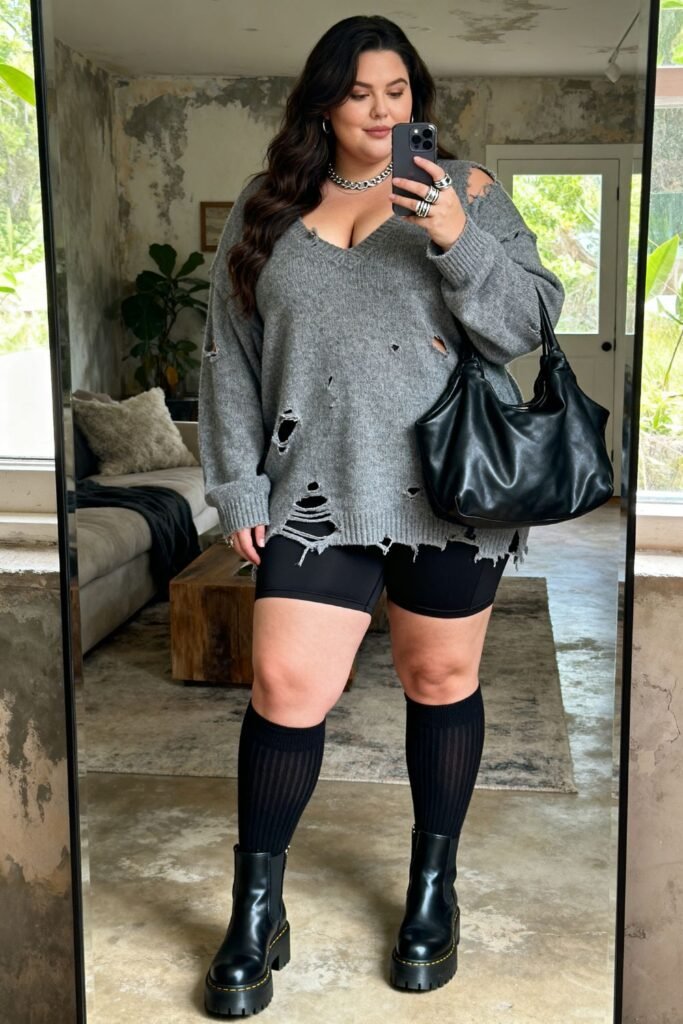 Distressed Gray Sweater Dress With Over-The-Knee Socks