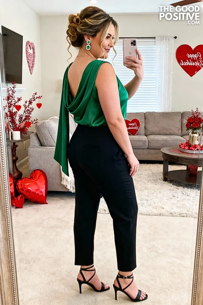 Emerald Green Cowl Back Top With Black Cigarette Pants