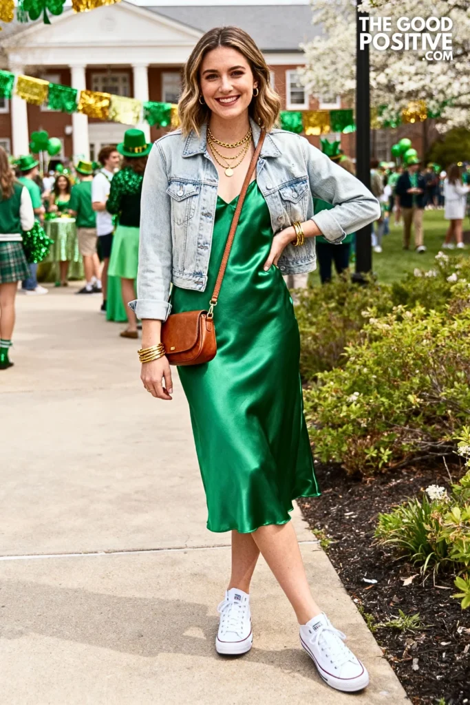 Emerald Satin Slip Dress With Denim Jacket Outfit