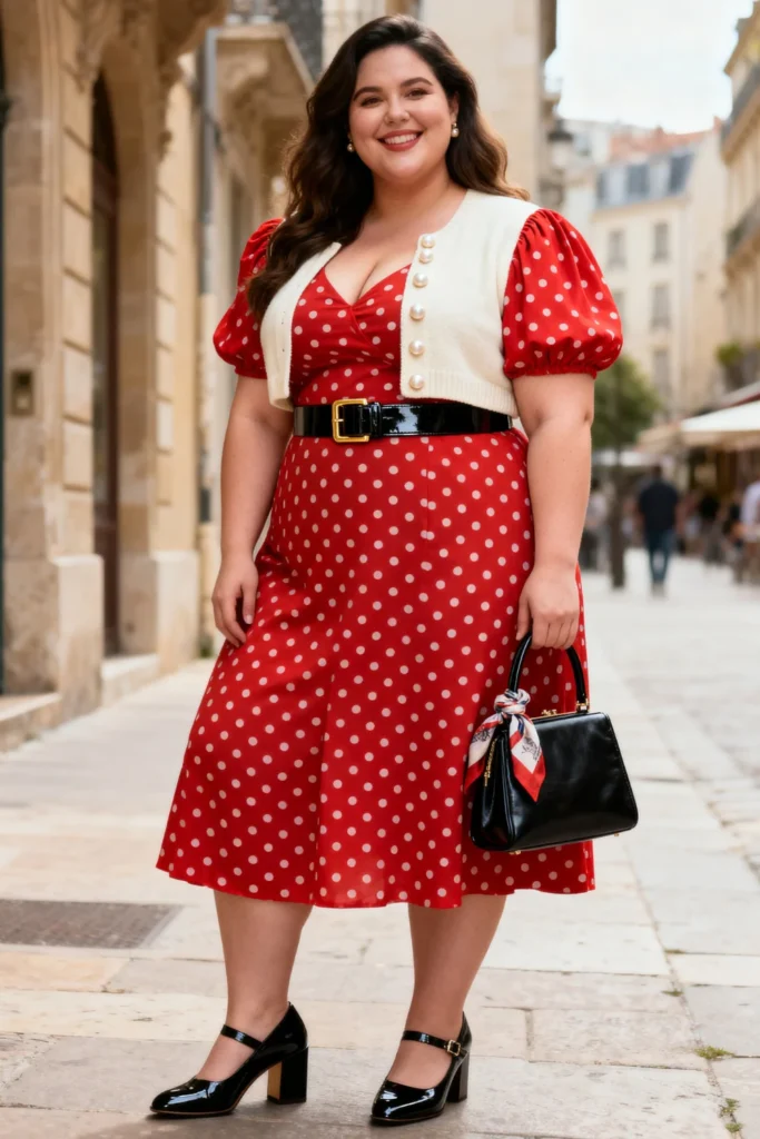 Europe Parisian Red Polka Dot Midi Dress With Mary Janes