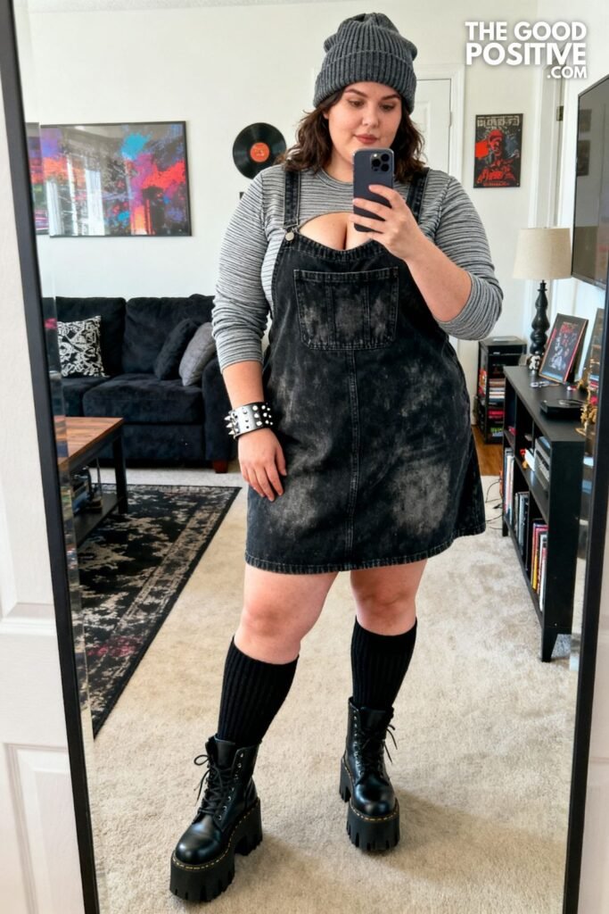 Faded Black Denim Pinafore With Striped Thermal Tee