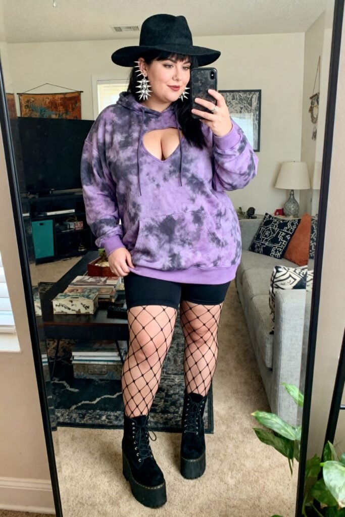 Faded Purple Tie-Dye Hoodie Dress With Fishnet Tights