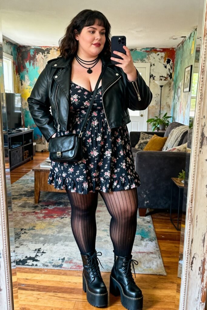 Floral Babydoll Dress With Cropped Moto Jacket