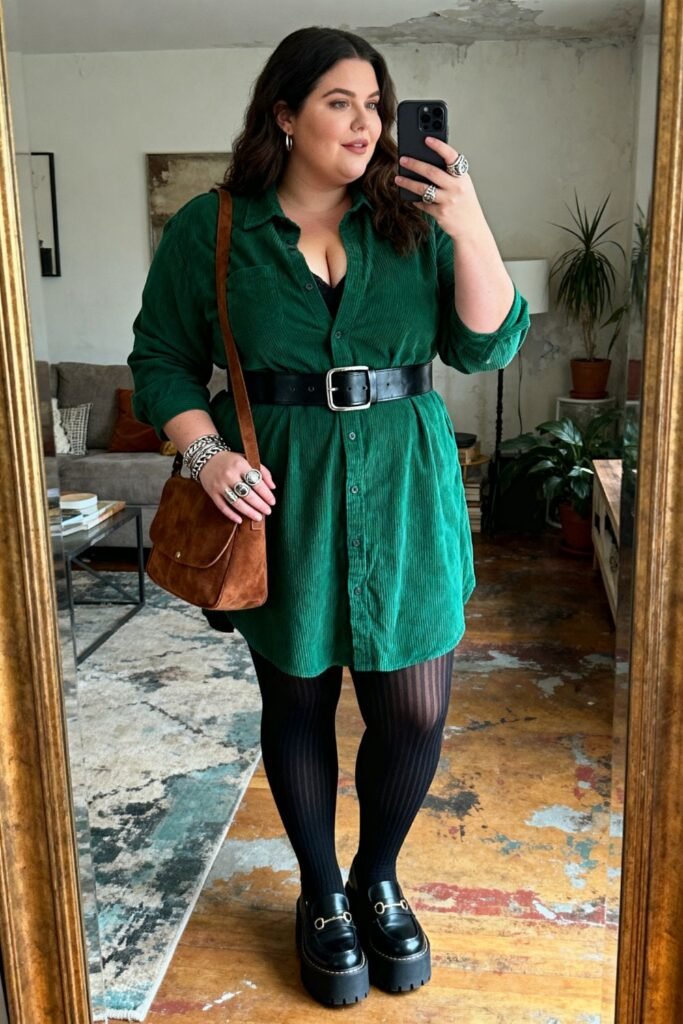 Forest Green Corduroy Shirt Dress With Opaque Tights