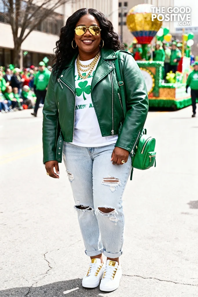 Forest Green Leather Jacket With Distressed Jeans