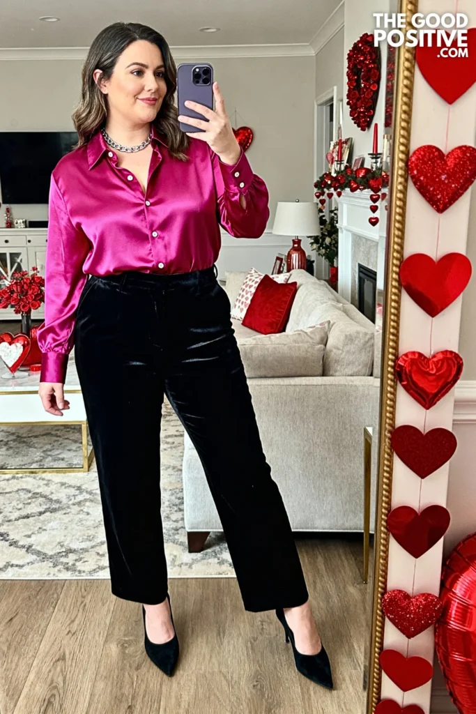 Fuchsia Satin Blouse With Black Velvet Pants