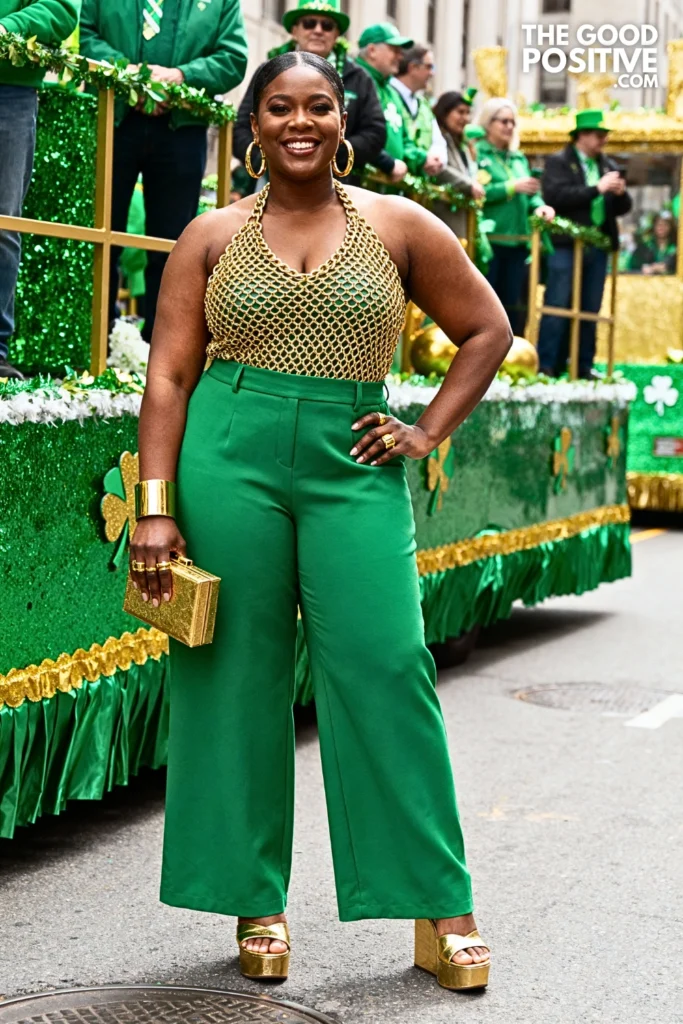 Gold Chain Mail Top With Green Wide-Leg Pants