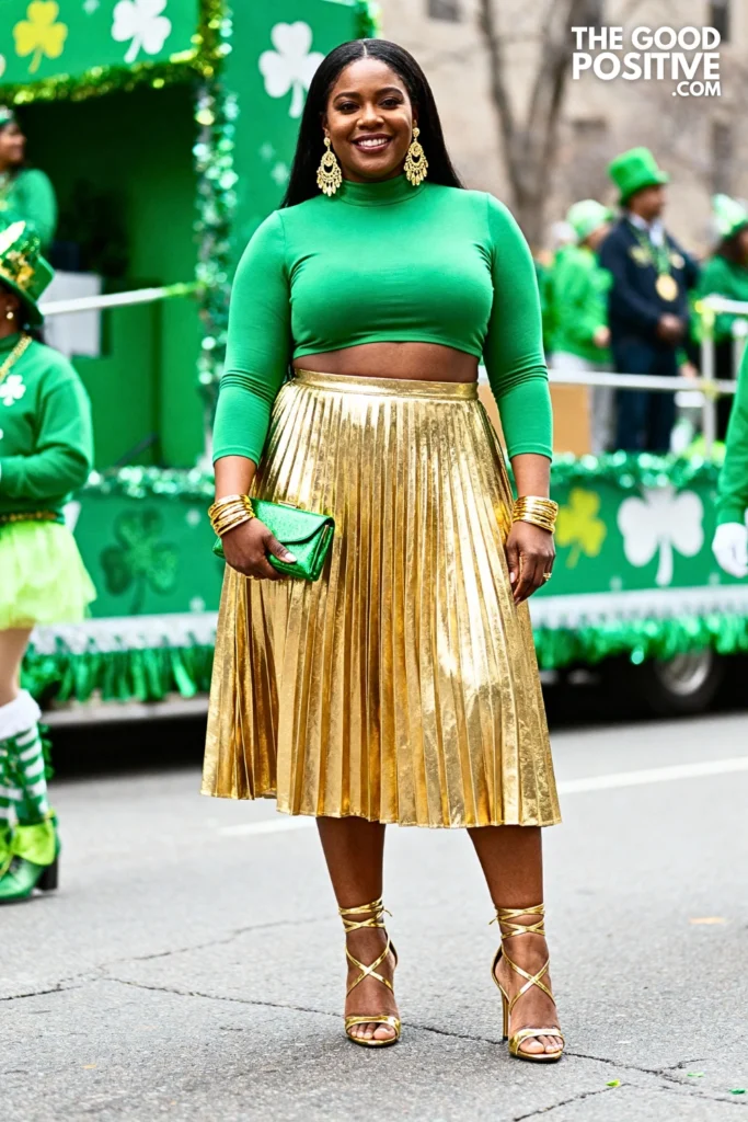 Gold Metallic Pleated Midi Skirt With Green Crop Top