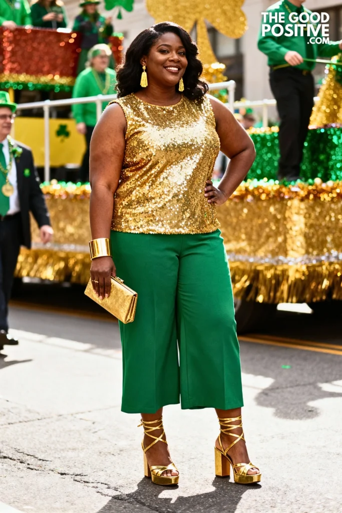 Gold Sequin Top With Emerald Wide-Leg Trousers