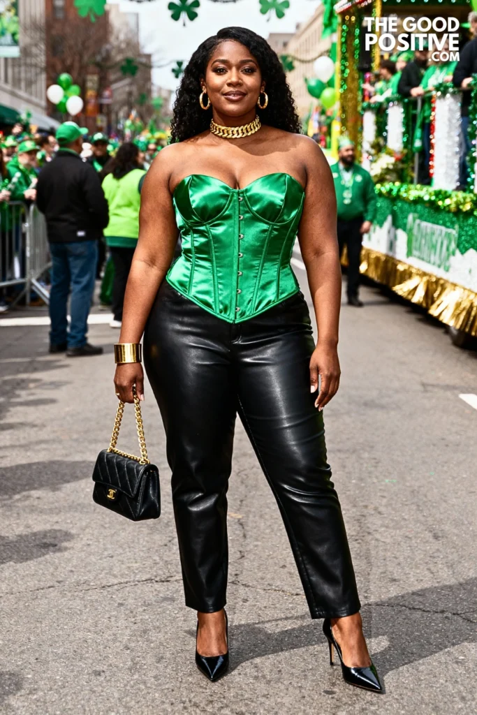 Green Corset Top With Black Leather Pants