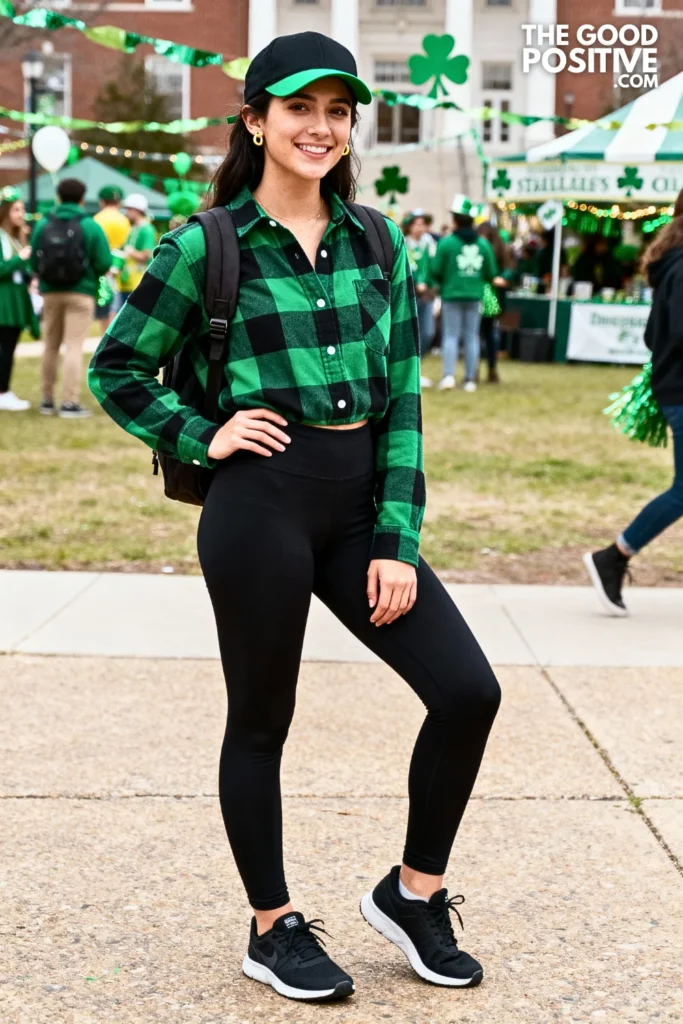 Green Flannel Shirt With Black Leggings Outfit