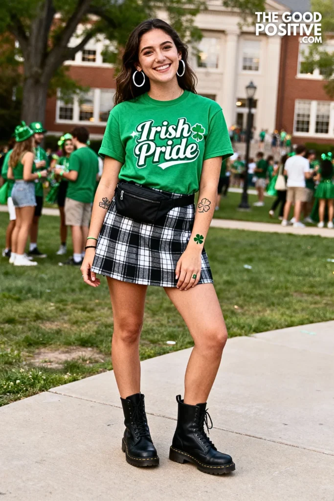 Green Graphic Tee With Plaid Skirt Outfit