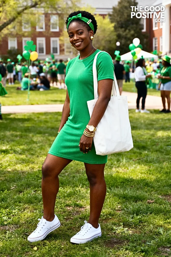 Green Jersey Dress With Sneakers Outfit