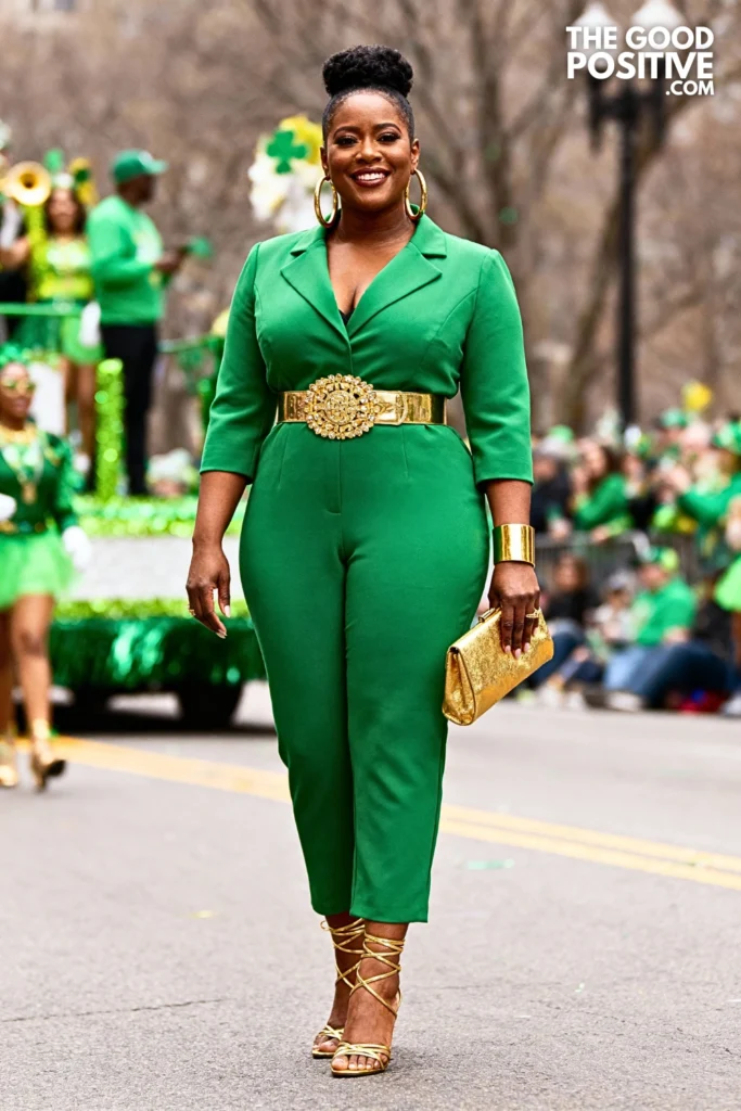 Green Jumpsuit With Gold Accessories