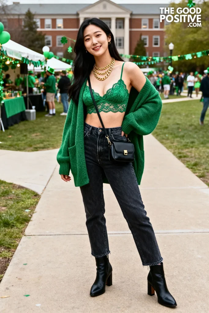Green Lace Bralette With High-Waisted Jeans Outfit