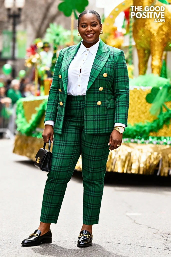 Green Plaid Blazer With Gold Button Details