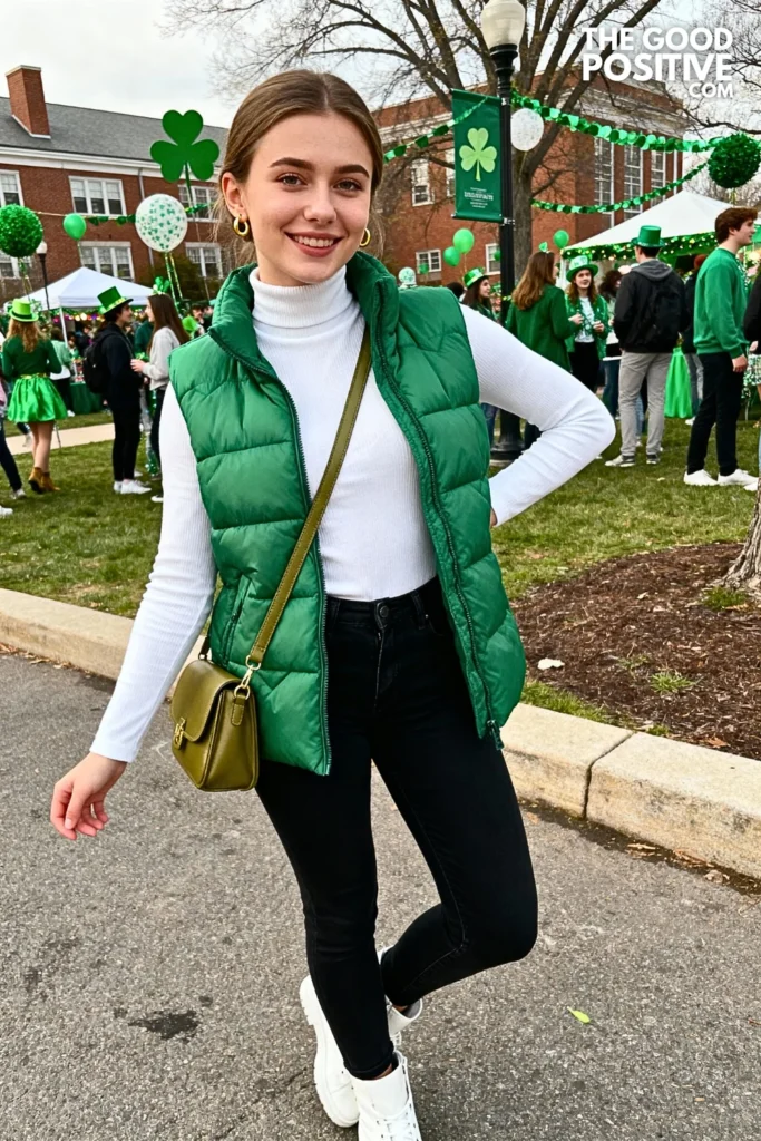 Green Puffer Vest With White Turtleneck Outfit