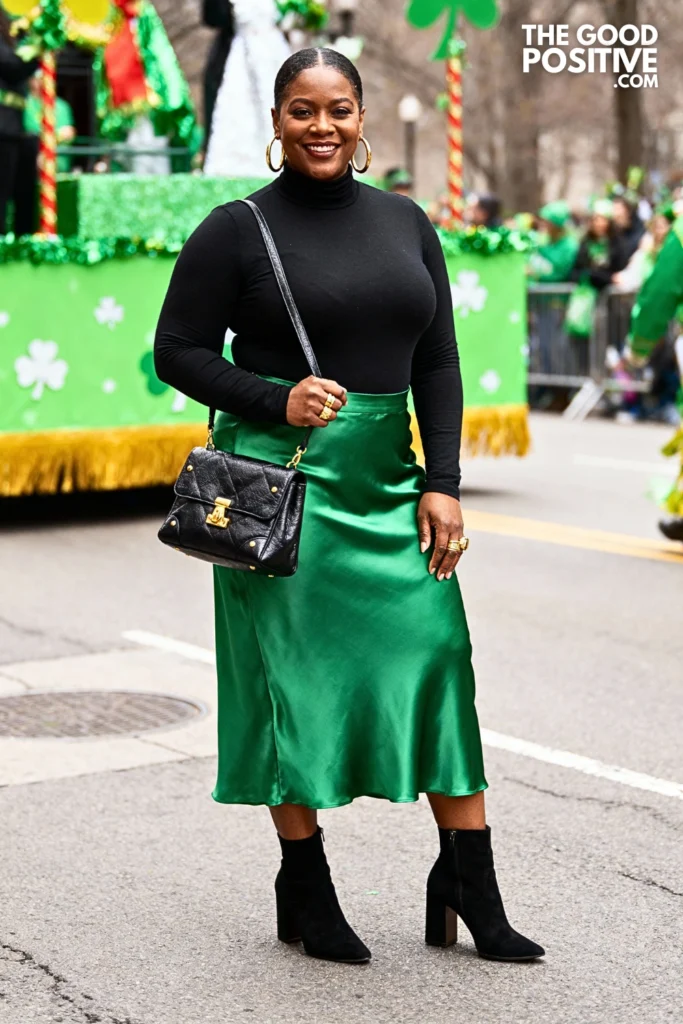 Green Satin Slip Skirt With Black Turtleneck
