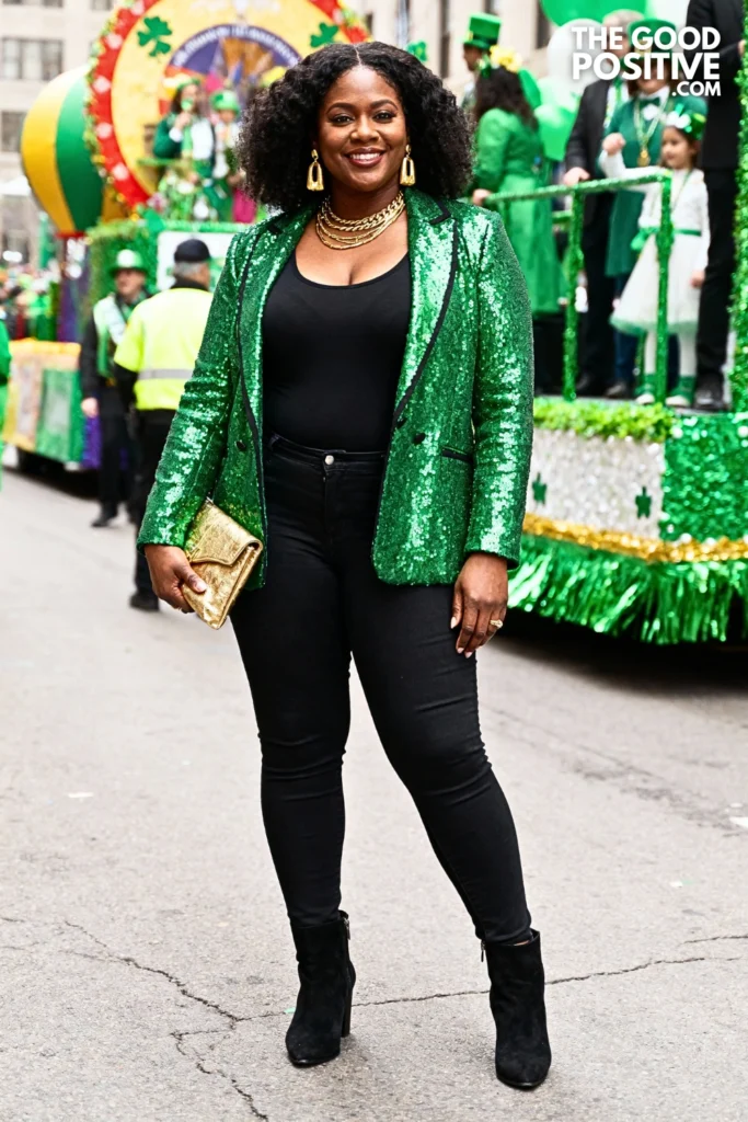 Green Sequin Blazer With Black Skinny Jeans