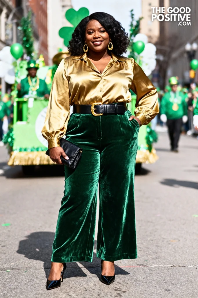 Green Velvet Pants With Gold Silk Blouse