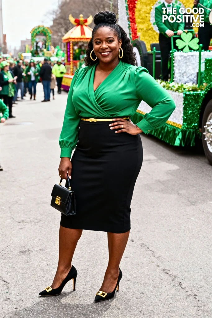 Green Wrap Top With High-Waisted Black Skirt
