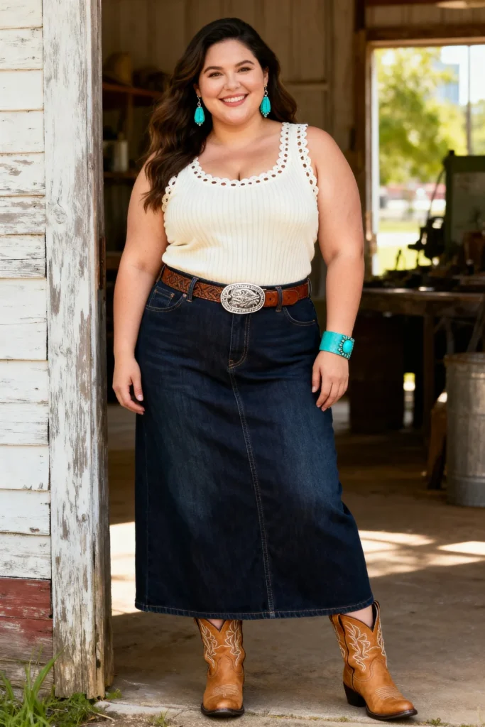 Houston Rodeo Dark Denim Maxi Skirt With Western Boots