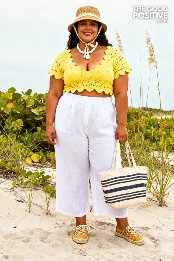 Lemon Yellow Crochet Top With Wide-Leg Linen Pants