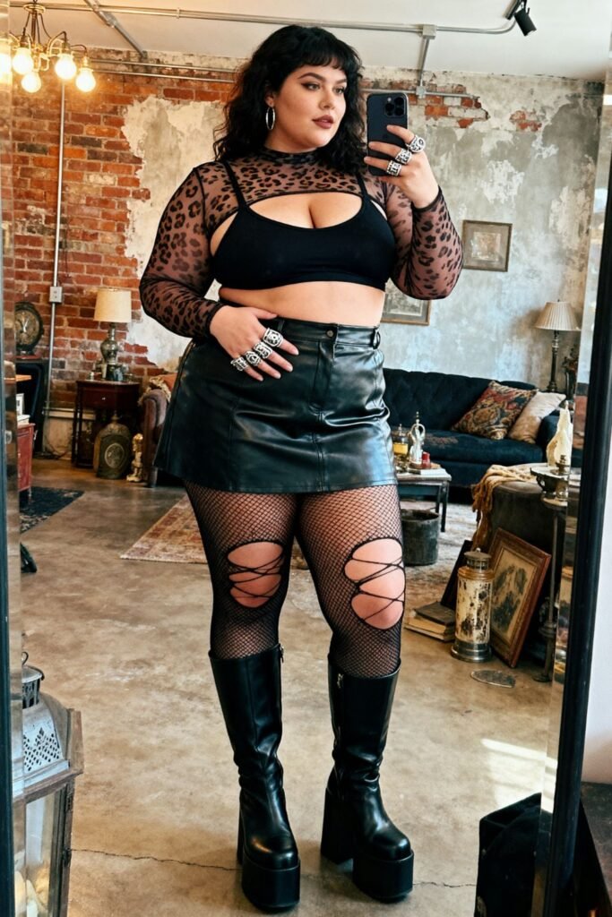 Leopard Mesh Top With Faux Leather Mini Skirt