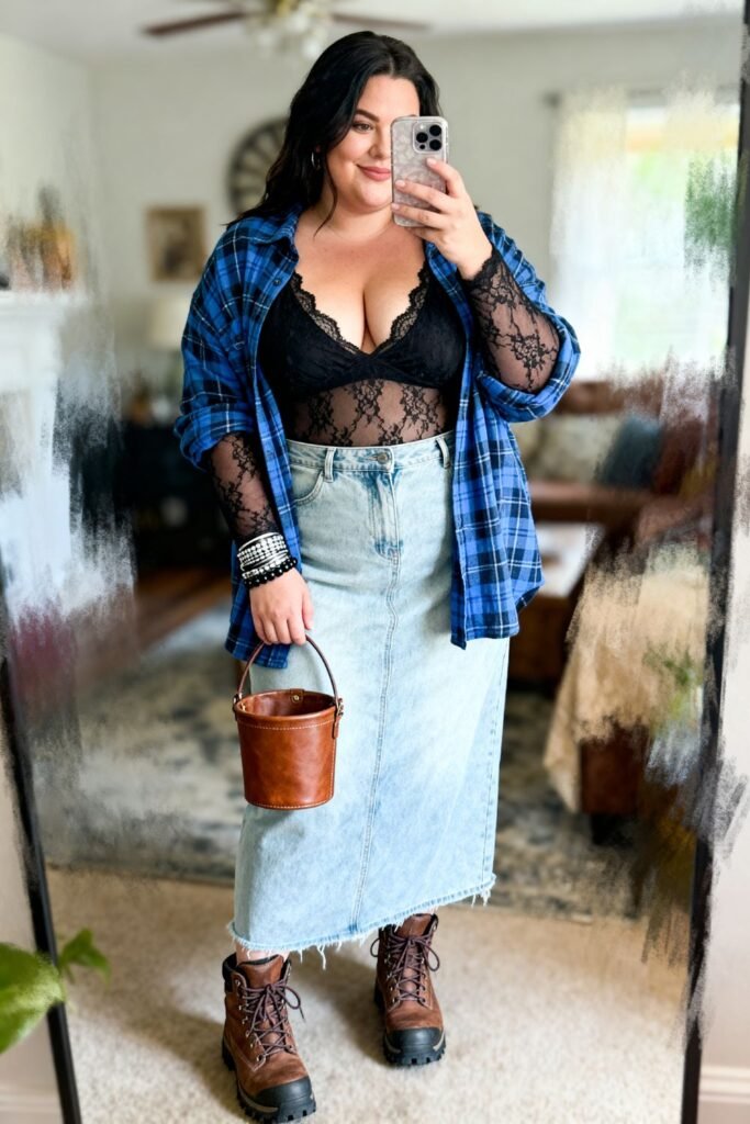 Light-Wash Denim Maxi Skirt With Lace Bodysuit And Flannel