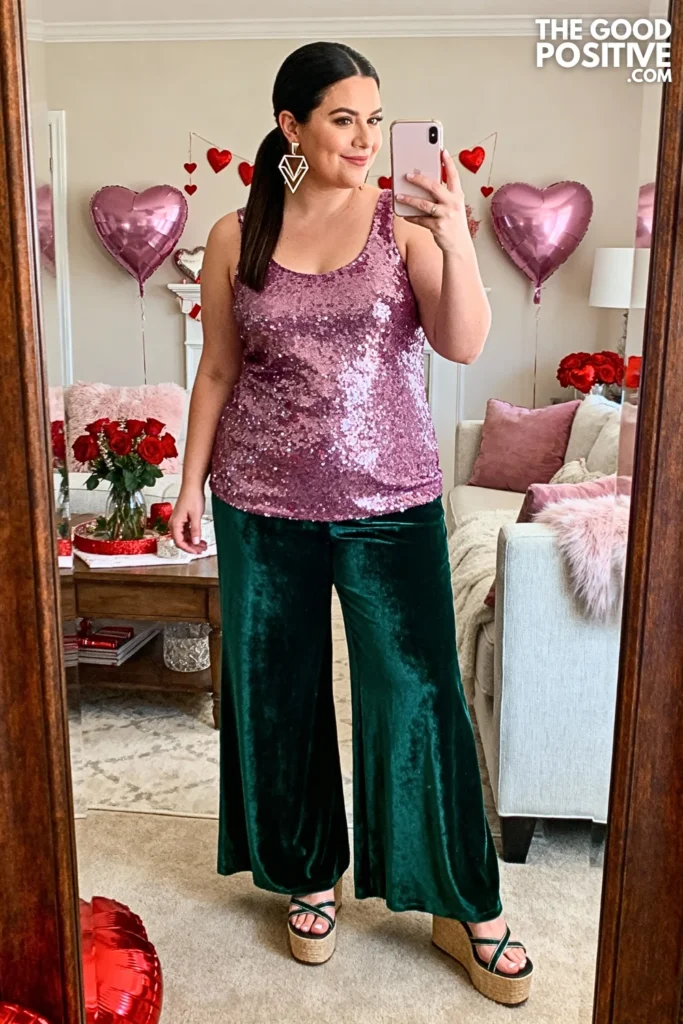 Mauve Sequin Tank With Dark Green Velvet Pants