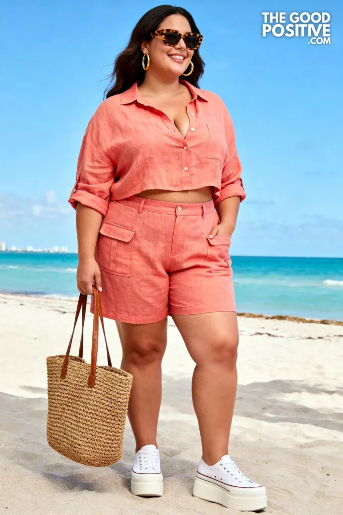 Miami Beach Coral Linen Shirt And Bermuda Shorts Set