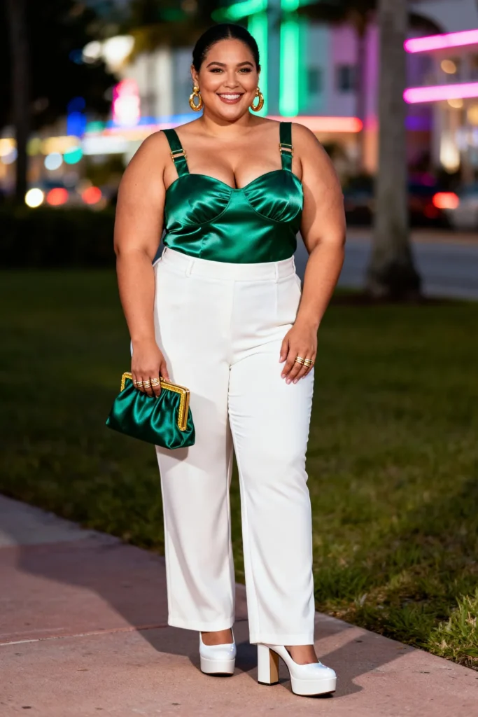 Miami Nightlife Emerald Satin Bustier With White Wide-Leg Trousers