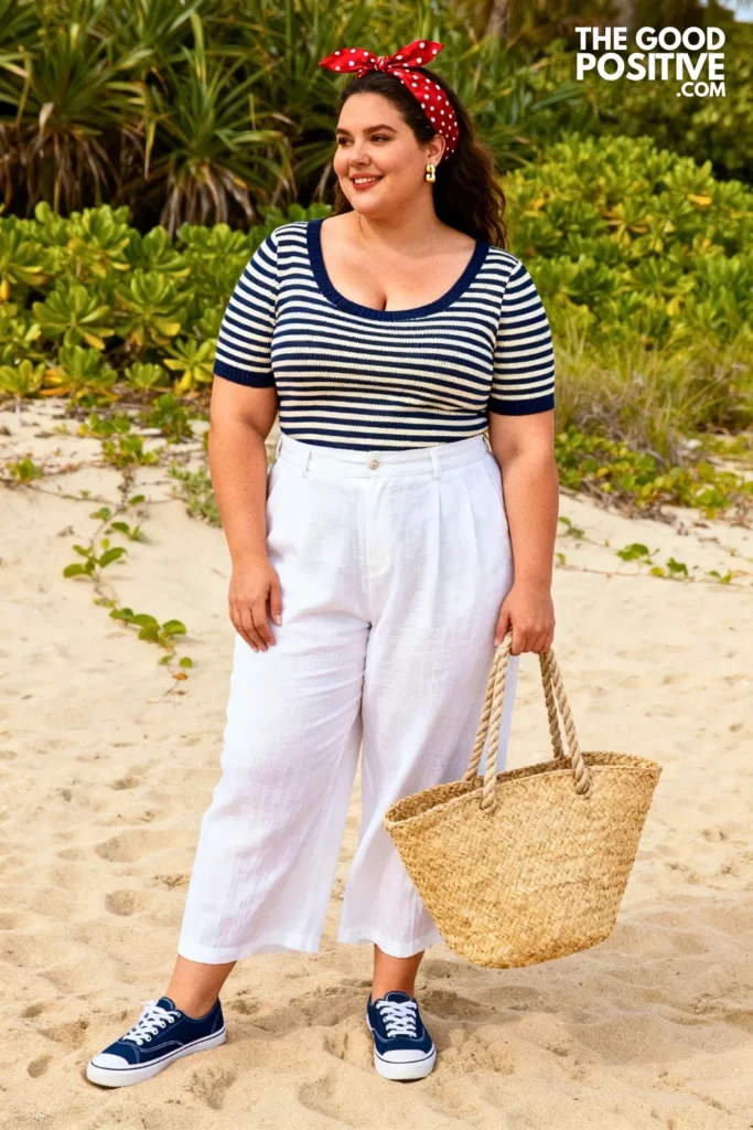 Navy Striped Boatneck Top With White Linen Palazzo Pants