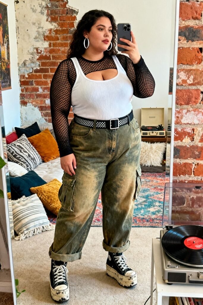 Olive Cargo Pants With Fishnet Layered Tee
