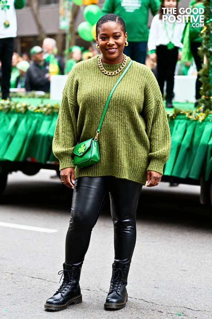 Oversized Green Sweater With Faux Leather Leggings
