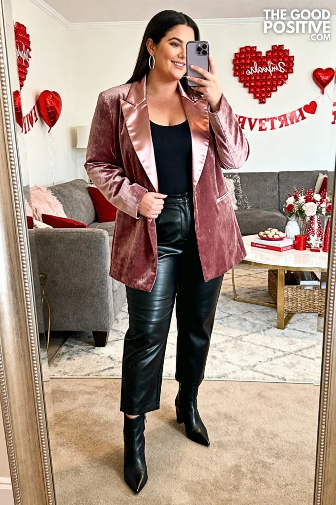 Pink Velvet Blazer With Leather Pants Combo