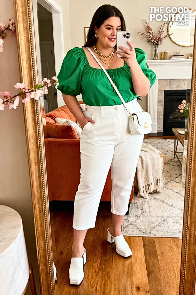Plus Size Apple Green Puff Sleeve Top With White Pants Outfit