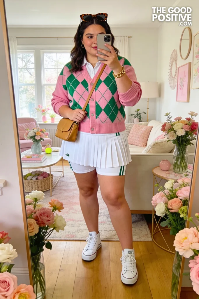 Plus Size Argyle Cardigan With White Tennis Skirt Outfit