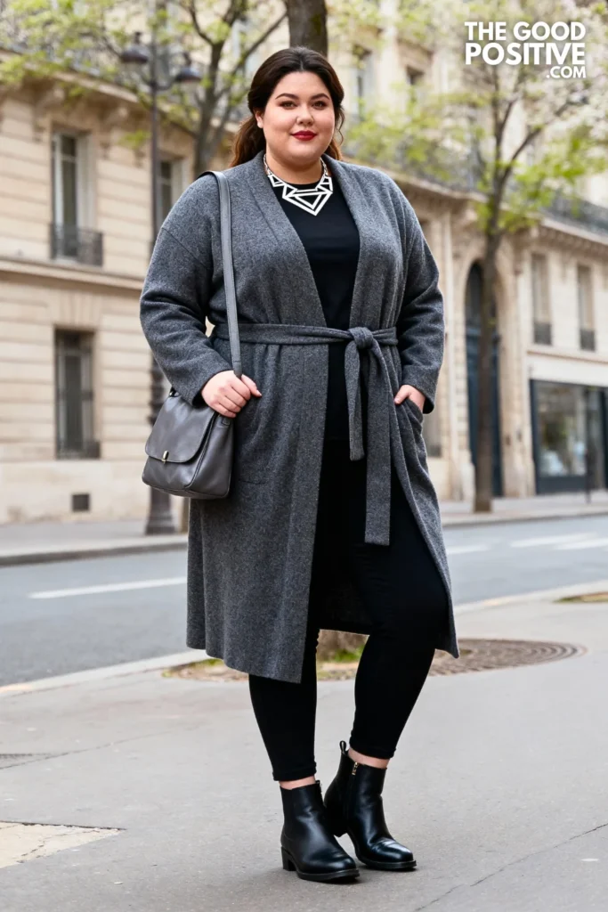 Plus Size Belted Cardigan Coat With Slim Ankle Pants Outfit