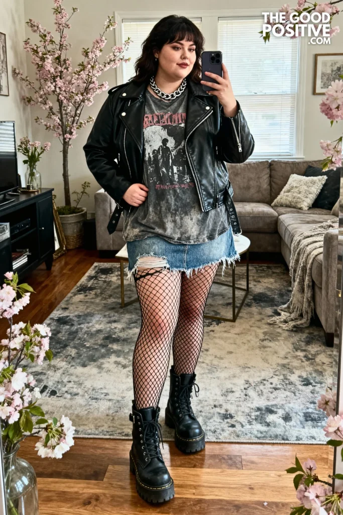 Plus Size Biker Jacket Over Graphic Tee Outfit
