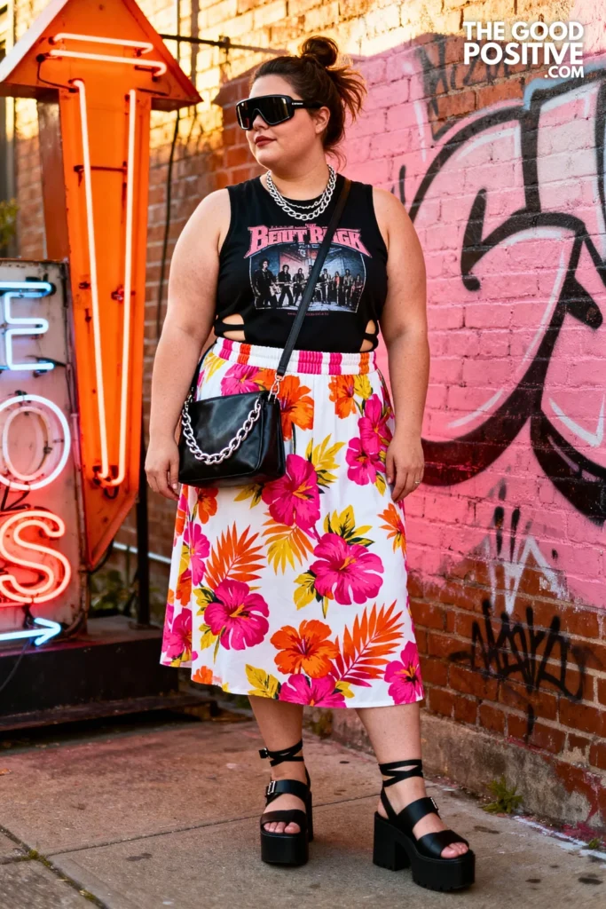 Plus Size Black Graphic Tank and Bright Floral Skirt Outfit