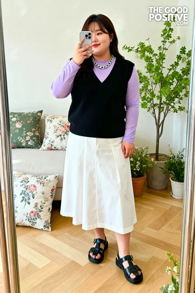 Plus Size Black Knit Vest Over Lavender Long-Sleeve Tee With White Skirt Outfit