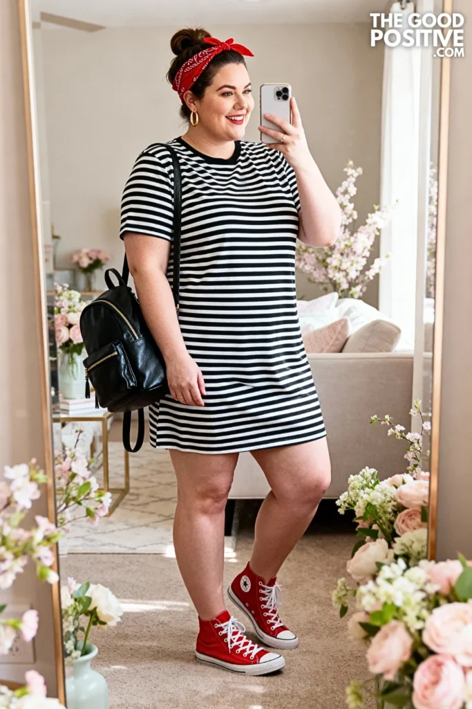 Plus Size Black and White Striped T-Shirt Dress Outfit