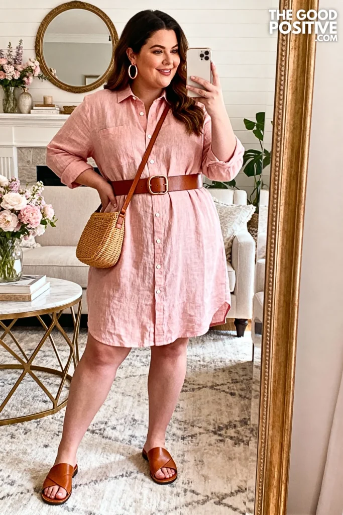Plus Size Blush Pink Linen Shirt Dress with Contrast Belt Outfit